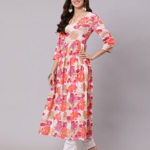 Pink Floral Print Flared Kurta