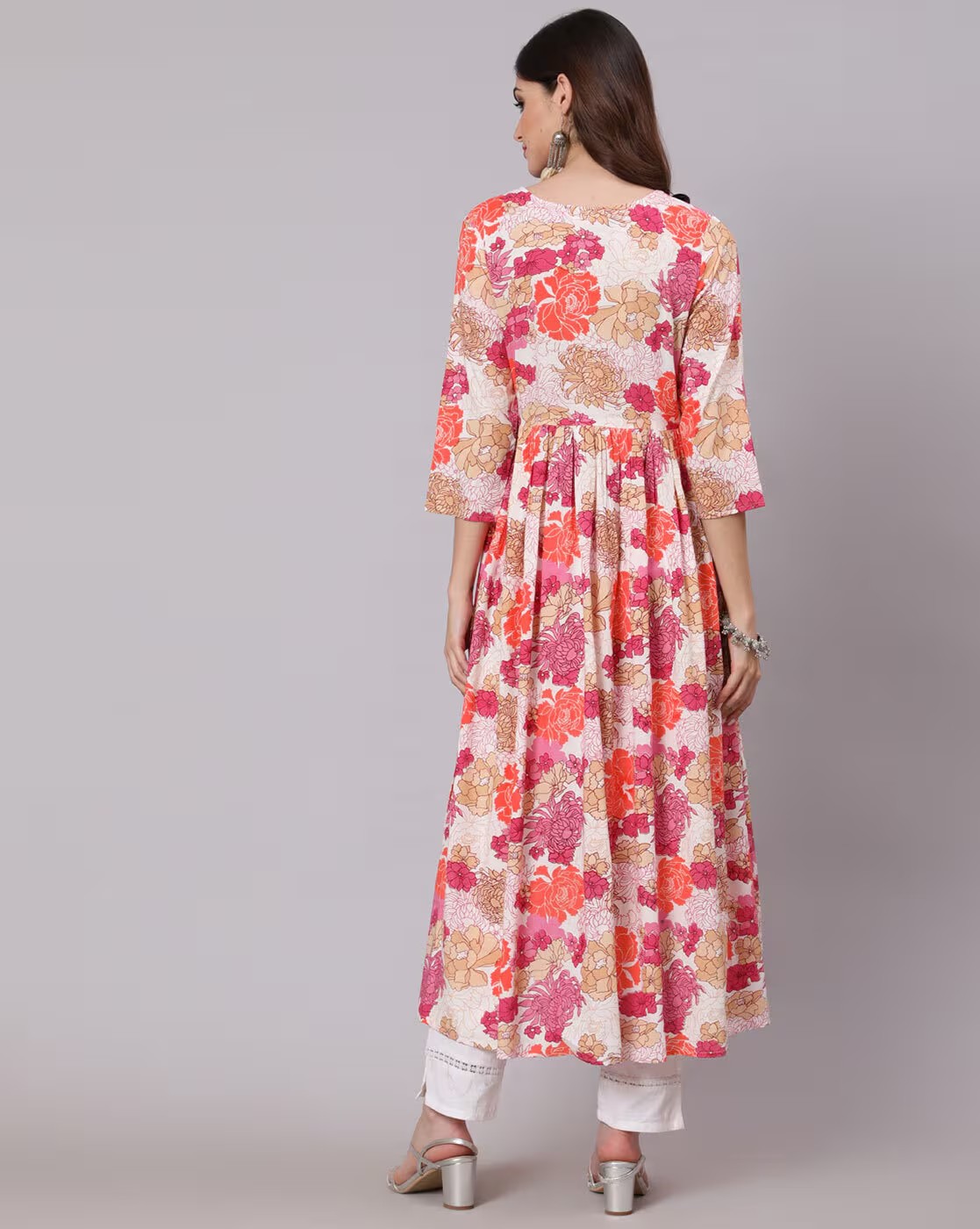 Pink Floral Print Flared Kurta 6