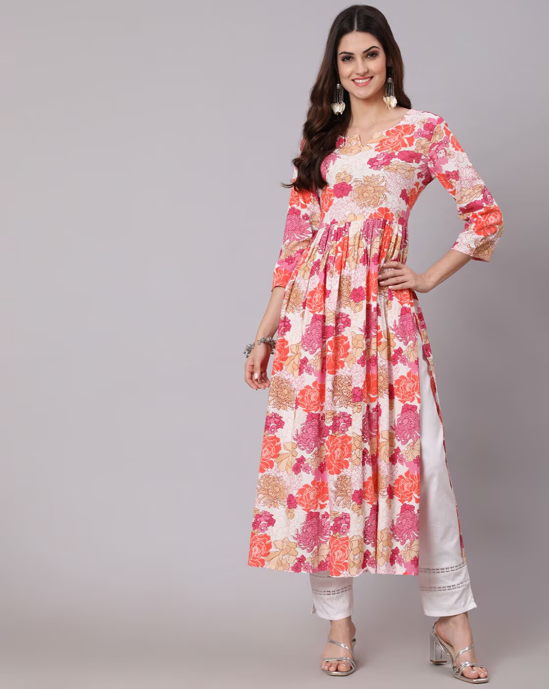 Pink Floral Print Flared Kurta 4