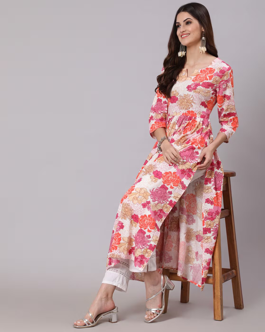 Pink Floral Print Flared Kurta 3