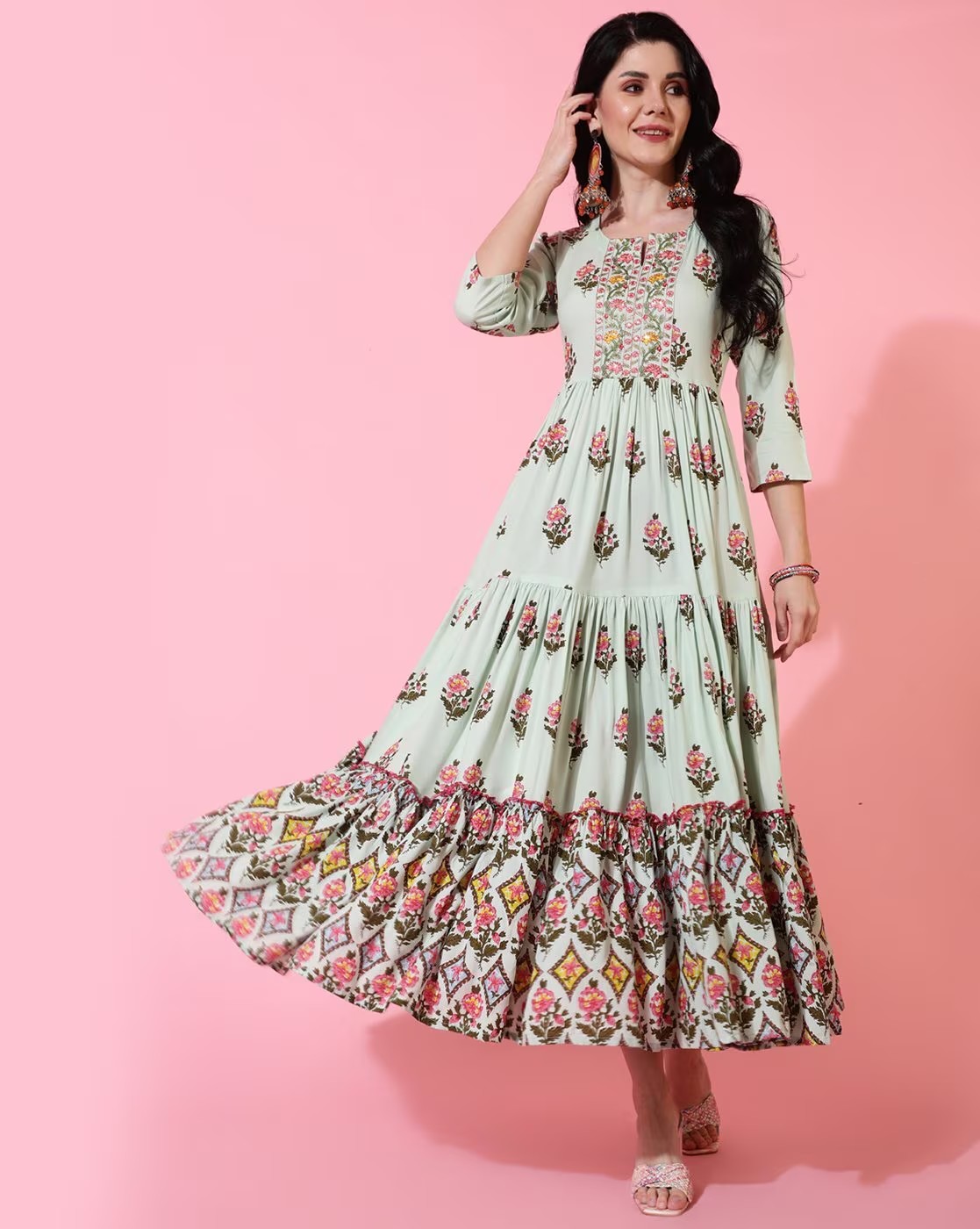 White Floral Print Flared Kurta 2
