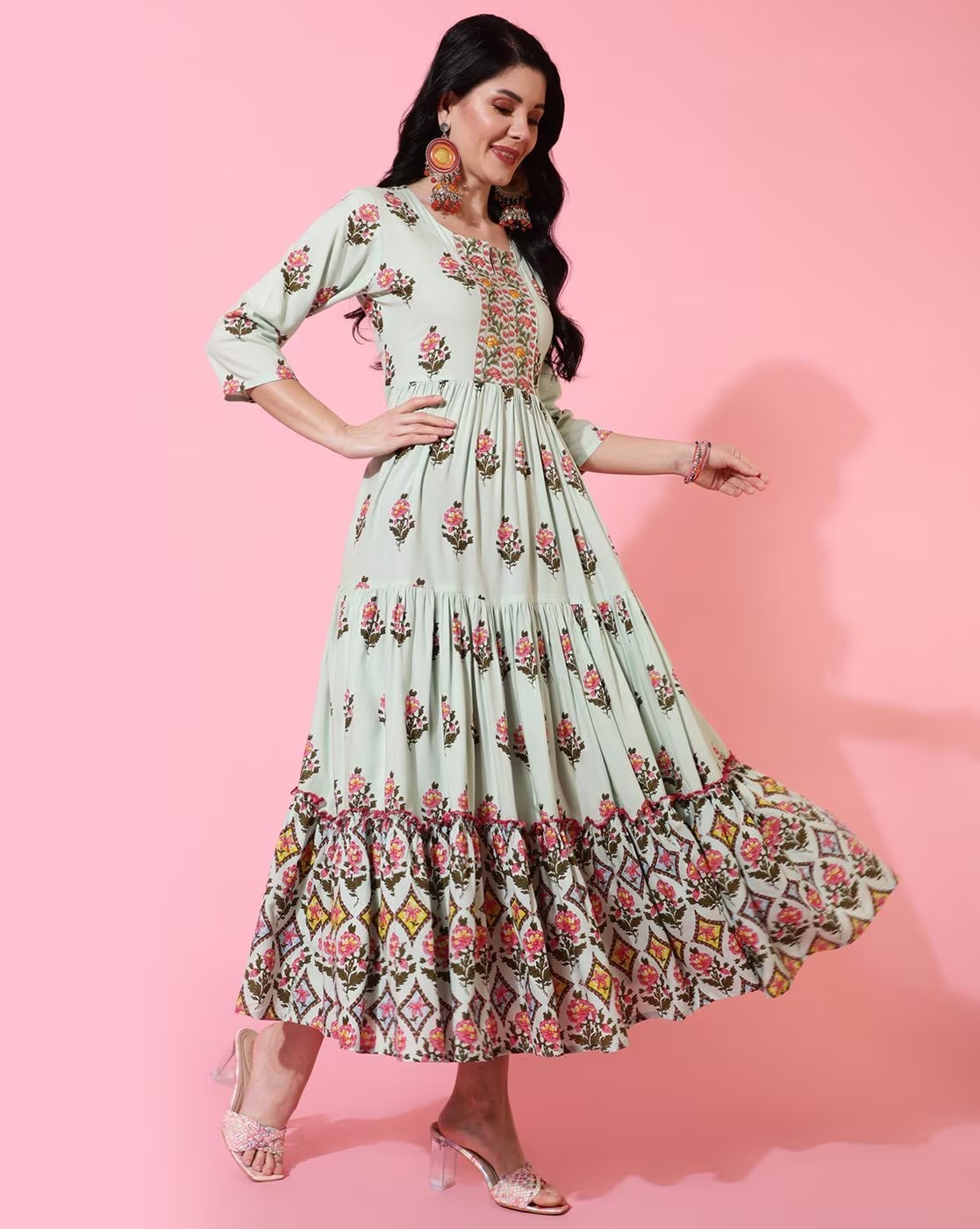 White Floral Print Flared Kurta - Image 3