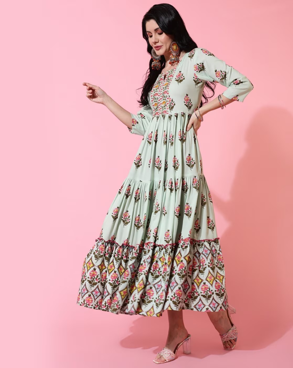 White Floral Print Flared Kurta 4