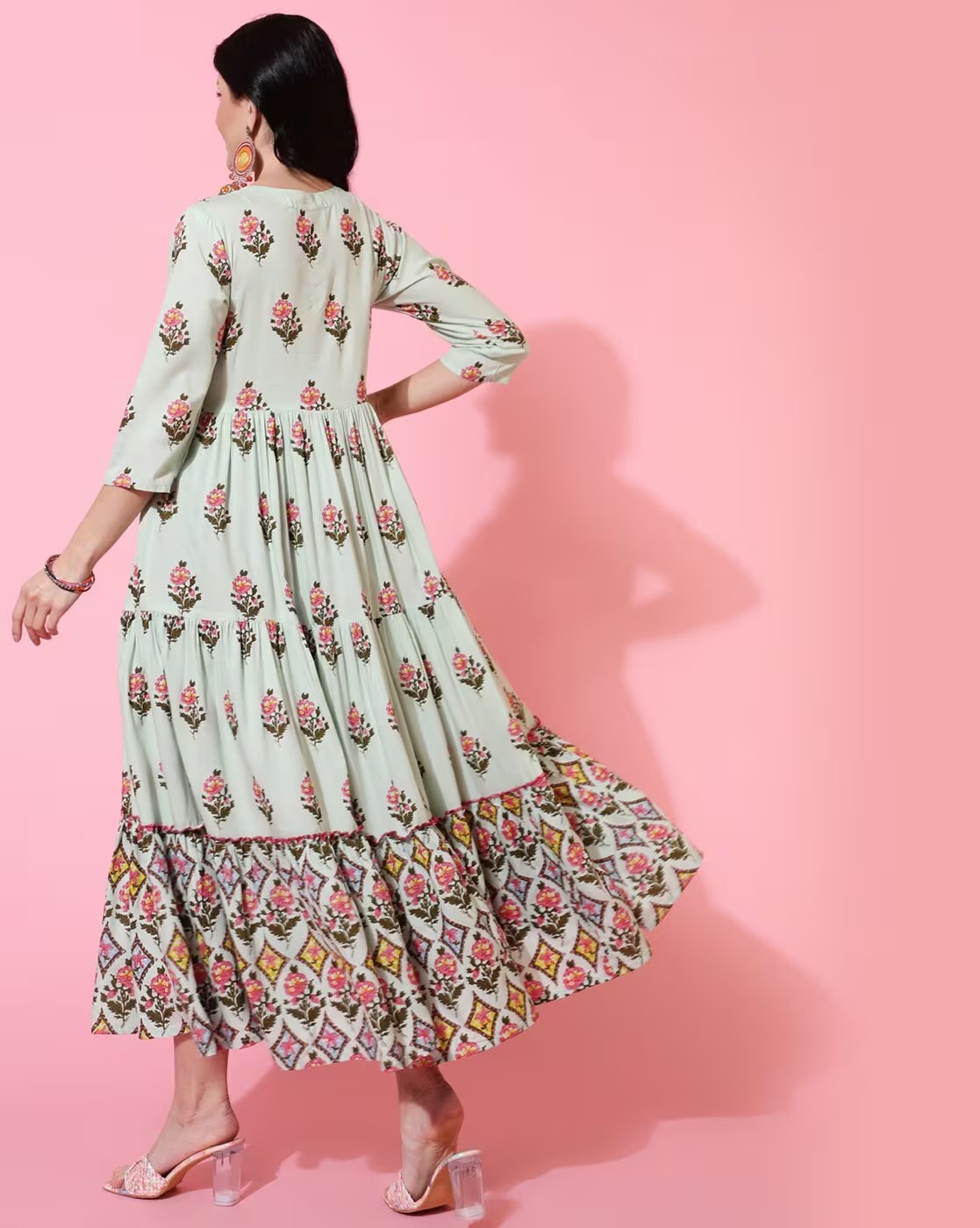 White Floral Print Flared Kurta 5