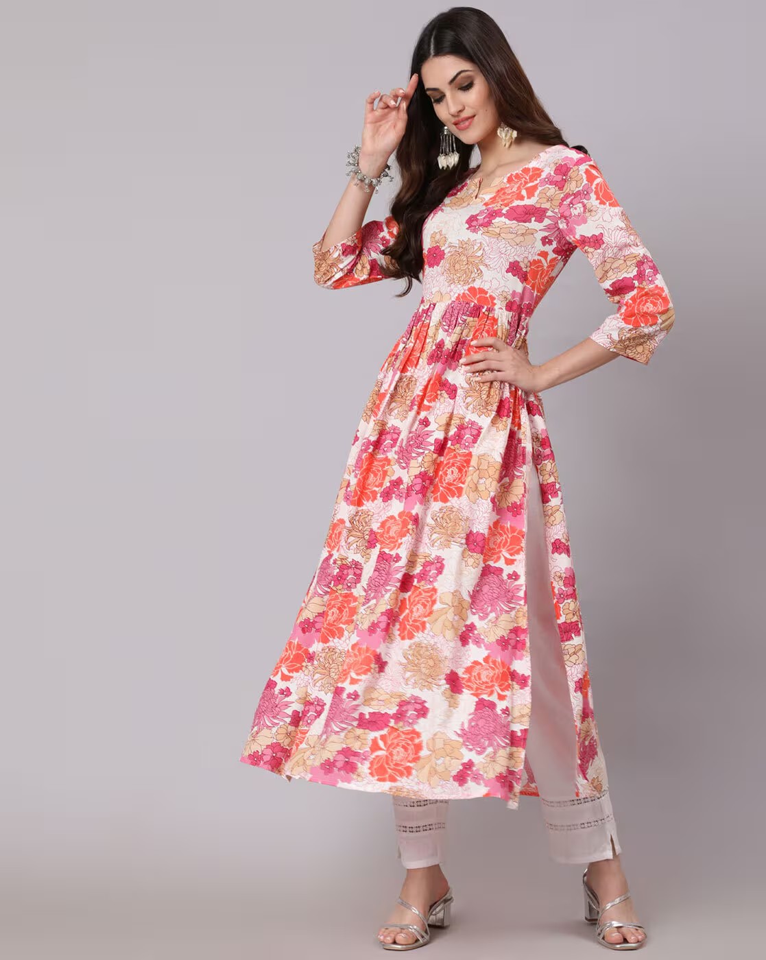Pink Floral Print Flared Kurta 2