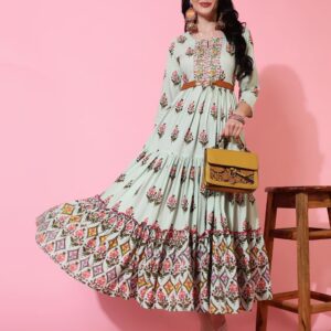 White Floral Print Flared Kurta