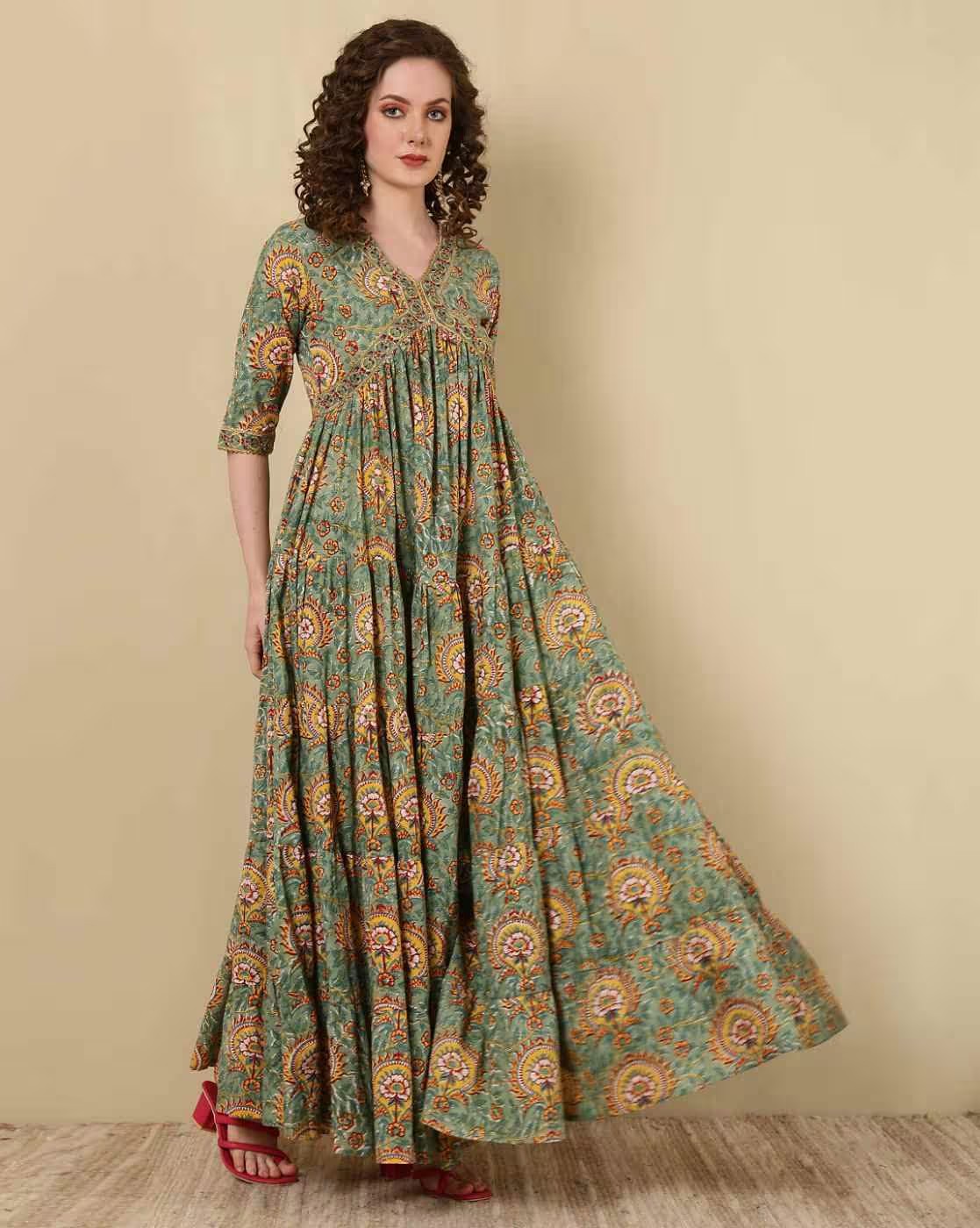 Women Printed Flared Kurta with 3/4th Sleeves - Image 3